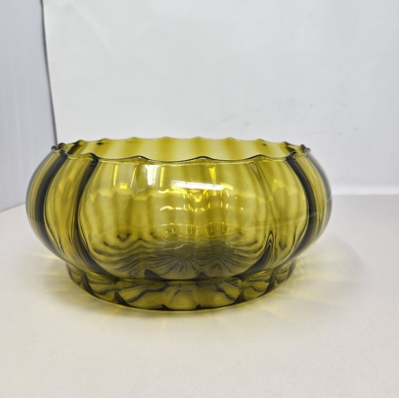Vintage Empoli Italian Art Glass Green Optic Ribbed Bowl Uniquely Beautiful - Picture 2 of 11